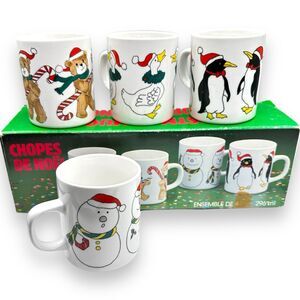Vintage 1980s X4 Christmas Mugs 10 oz Porcelain Kitschmas In Box Kitsch